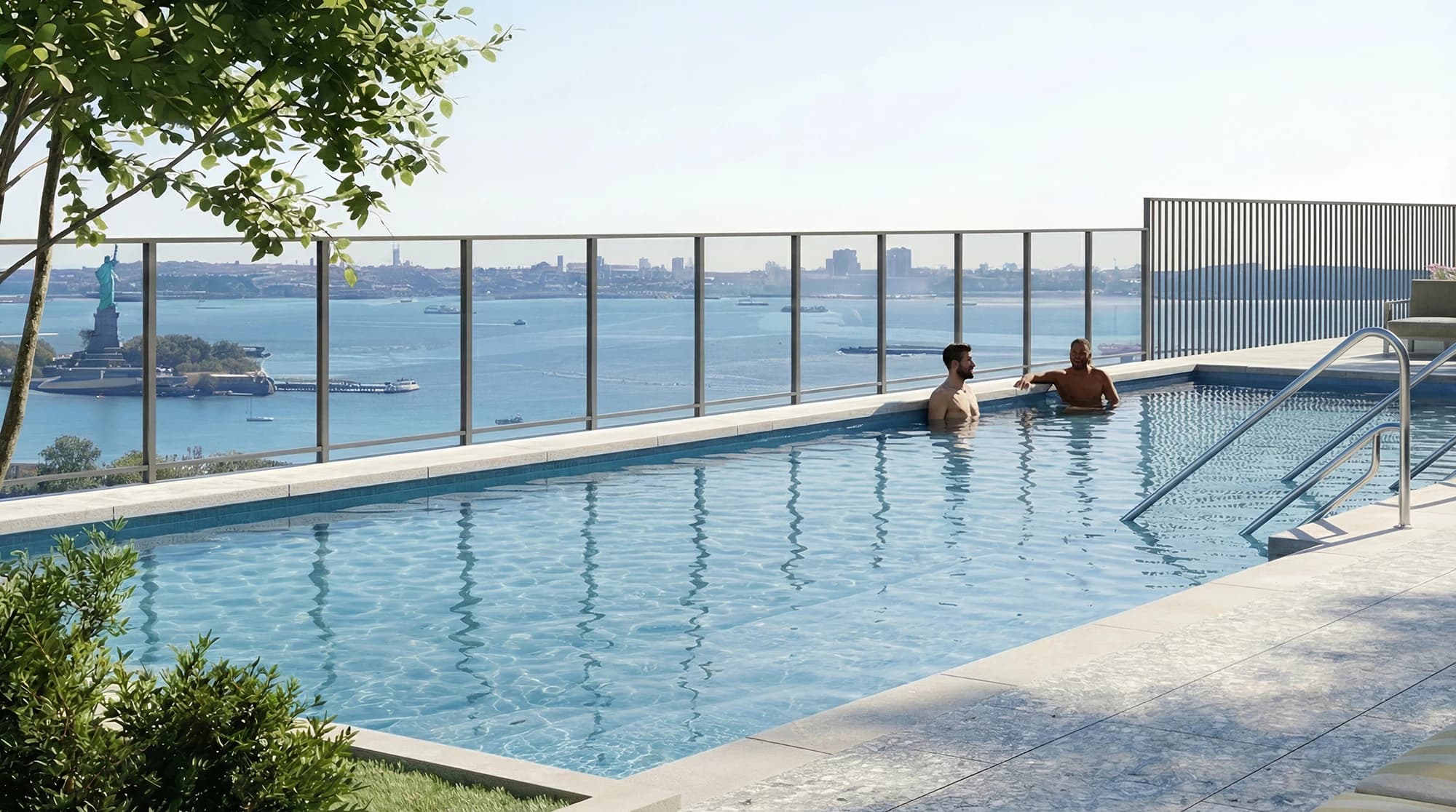 Guests relaxing and swimming at a rooftop pool abroad.